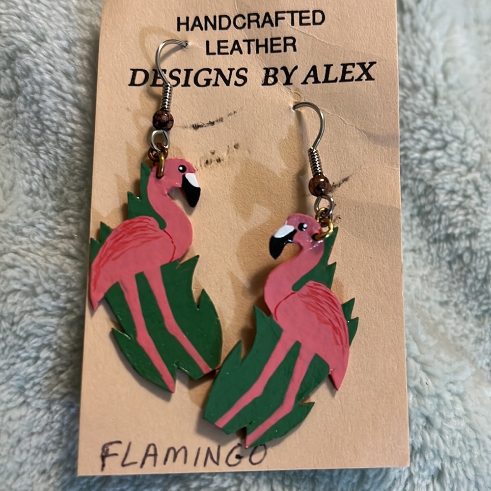 Leather flamingo earrings handcrafted